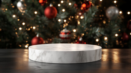 Marble product podium Pedestal Display with Festive Bokeh Lights and Christmas Tree Decorations in Background for Elegant Holiday Product Presentation or Display