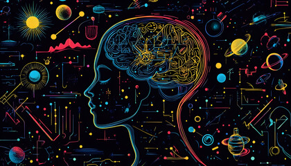 An artistic design featuring the outline of a human head filled with symbolic elements, serving as a backdrop for themes of knowledge, science, technology, and education  