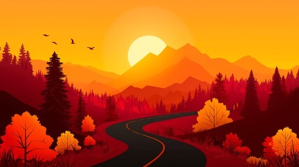 Stunning autumn scenery with a winding road, vibrant foliage, and a bright sunset behind mountains.