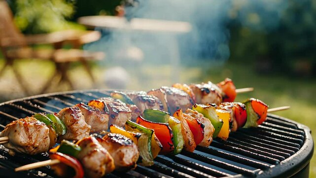 Chicken and bell pepper skewers are grilling over a hot grill outdoors on a sunny day