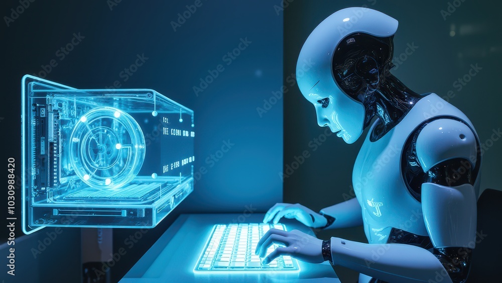 Poster futuristic android programming in metal environment
