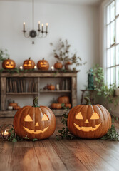 Obraz premium The mystical Halloween background in celebration interior. Halloween decorations in the room. 