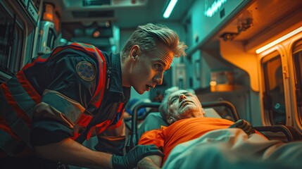 A paramedic treating a patient in an ambulance with dim lighting and an urgent, serious atmosphere.