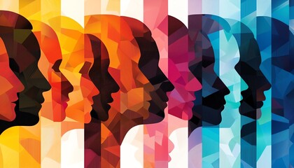 Naklejka premium Colorful silhouettes of human faces representing diversity and unity in a vibrant, abstract composition.