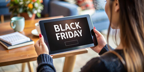 Black Friday on Woman Holding Tablet