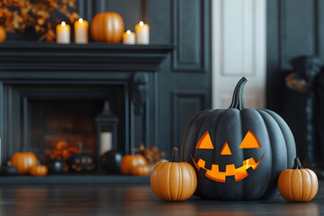 Obraz premium The mystical Halloween background in celebration interior. Halloween decorations in the room. 