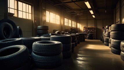 stack of tires in a storage auto parts warehouse.