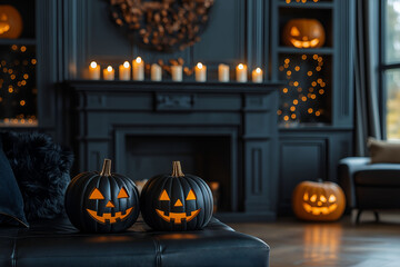 Obraz premium The mystical Halloween background in celebration interior. Halloween decorations in the room. 