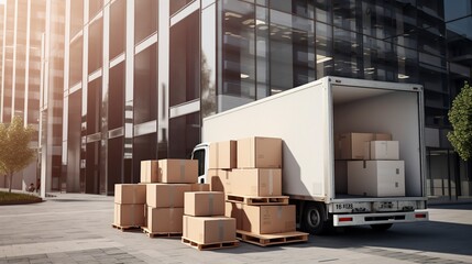 A delivery truck with cardboard boxes is parked by a building