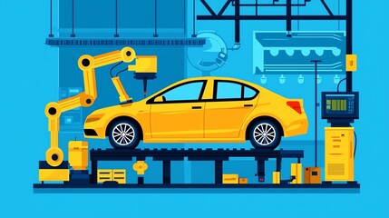 Naklejka premium A yellow car being assembled in a modern factory with robotic machinery and industrial equipment.