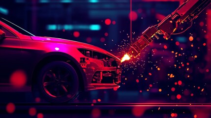 A robotic arm welding in a neon-lit automotive workshop, showcasing advanced manufacturing technology in action.