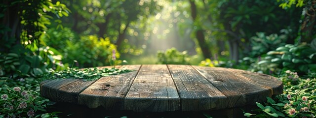 Naklejka premium A wooden podium set in a lush green garden, surrounded by plants and soft natural lighting creating a serene atmosphere.