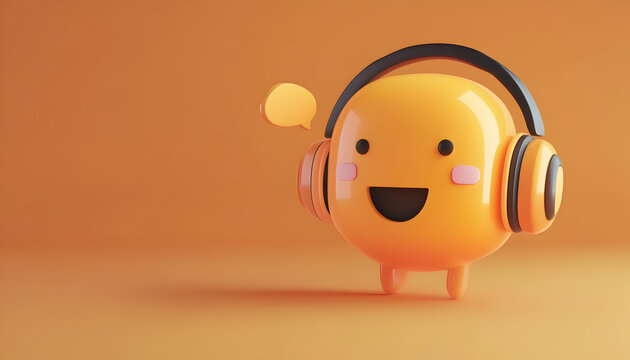 An online support or chatbot concept featuring a cartoon message bubble character with headphones  