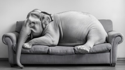 Getting In Shape. Elephant Contemplating Weight Loss in Living Room Environment