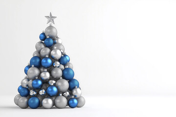 Modern Christmas Tree Made of Blue and Silver Ornaments with Shiny Star Topper on Clean White...