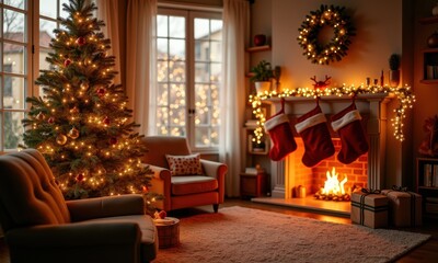 Fototapeta premium Cozy Christmas Living Room with Decorated Tree