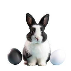 Obraz premium A black and white rabbit is sitting in front of two eggs