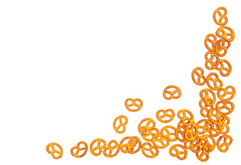 Salted pretzels frame, party snacks isolated on white, top view