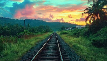 Fototapeta premium A tranquil view railway tracks extending into a lush landscape under a vibrant sky.