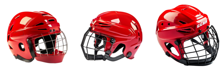 Set of A bright red hockey helmet isolated on transparent background