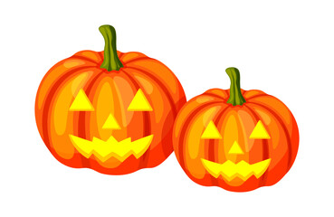 Halloween two pumpkins in cartoon style. Vector illustration of funny orange pumpkins with slits for eyes, nose, mouth, isolated on white background. Jack-o'-lantern. Halloween symbol.