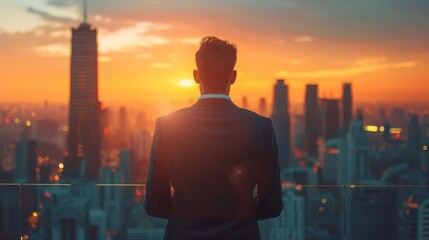 Fototapeta premium A business professional gazes at the city, dreaming of innovative strategies and leadership roles. Copy space