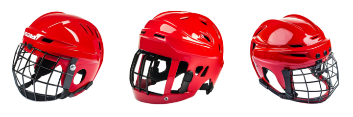 Set of A bright red hockey helmet isolated on transparent background