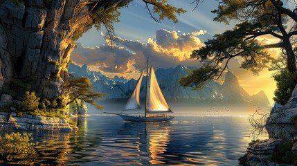 A sailing boat in the middle of an arch-shaped tree