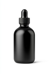 Glass Dropper Bottle. Luxury Matte Black Container for Liquid Products, Isolated on White Background