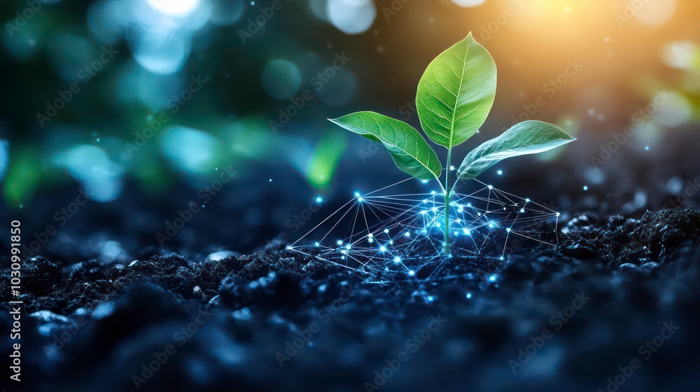 Canvas Prints a single green sprout growing from the earth with a digital network of blue lines around it.