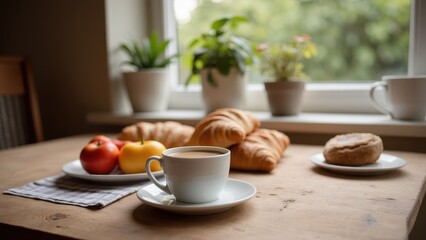 Cozy Breakfast Scene with Croissants and Fruit