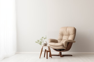 Leather tufted recliner chair against white wall with copy space. Scandinavian home interior design of modern living room.