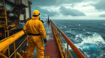Fototapeta premium A lone worker in a yellow protective suit stands on the deck of a ship in the middle of a stormy sea.