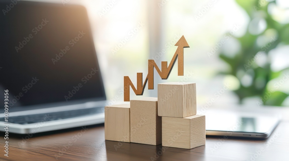 Poster wooden blocks stacked in an ascending pattern with an upward arrow symbolizing growth, success, and 