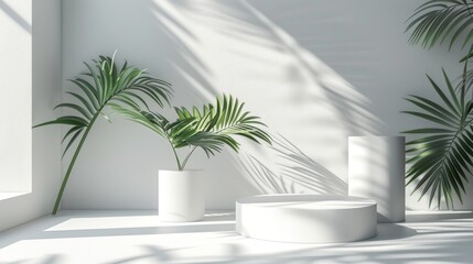 Obraz premium Abstract 3D white room, cylinder pedestal, palm leaf shadows, minimalist and elegant product display