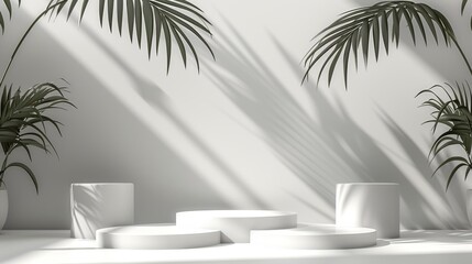 Abstract 3D white room, cylinder pedestal, palm leaf shadows, minimalist and elegant product display
