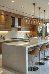 Fototapeta premium A modern kitchen featuring a sleek island, stylish bar stools, and contemporary lighting, emphasizing elegance and functionality.
