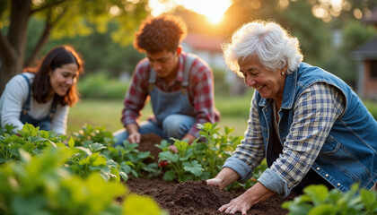 Community garden in the late afternoon, an Asian woman in her 20s harvesting vegetables, a Hispanic teenage boy in his 16s helping a Black elderly woman in her 70s to mix soil, and a White man