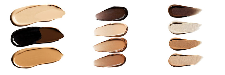 Set of a flat lay of four shades of face foundation isolated on transparent background