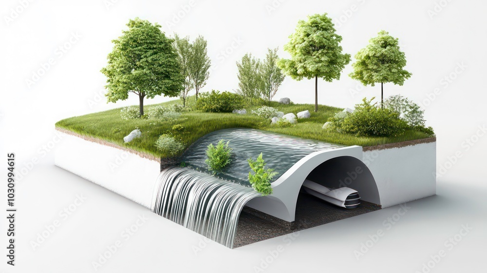 Poster a 3d rendering of a cutaway view of a small stream and surrounding trees, with the river flowing thr