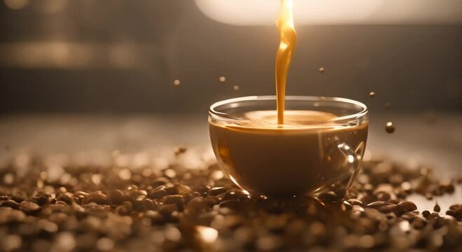 Super Slow Motion of Pouring Moca Coffee into Mug Surrounded by Coffee Beans