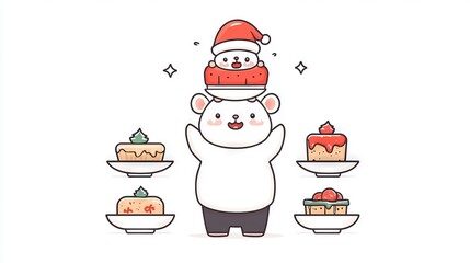   A white bear wearing a Santa hat stands before a plate full of desserts and cakes