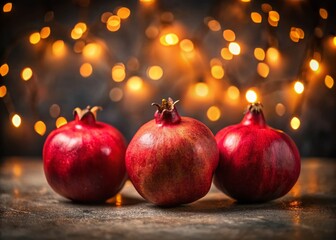 Vibrant Red Pomegranates with Blurred Festive Lights - Long Exposure Photography