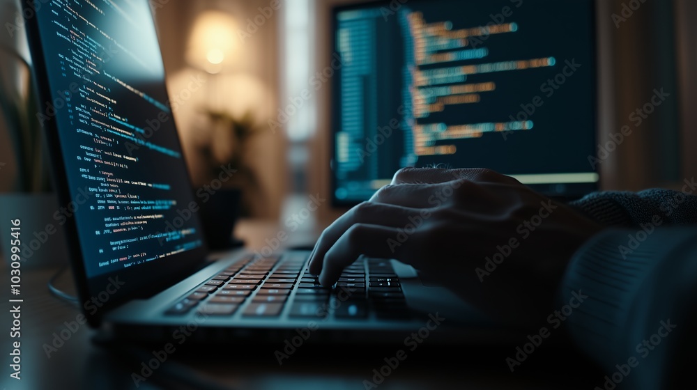 Poster a person types code on a laptop in a dimly lit room, highlighting the focus and intensity of late-ni