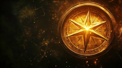 A golden compass with a glowing star in the center against a dark, textured background.