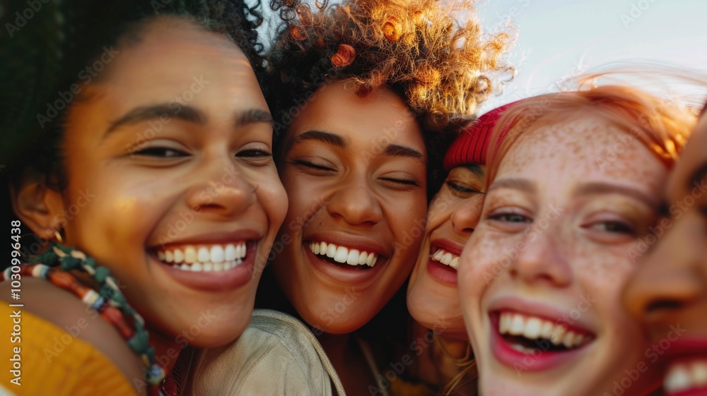 Wall mural Joyful friendship and diversity celebration with smiling young women embracing together outdoors,Galentine's Day