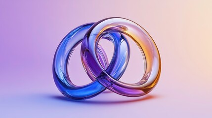 Two interlocked glass rings in blue and purple hues against a soft gradient background.