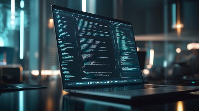 A laptop displaying a code editor with programming code in a modern, softly lit workspace with a bokeh effect.
