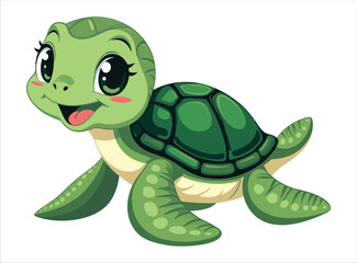 Cute sea turtle cartoon, isolated on a white background. Ideal for marine life themes, children's designs, and ocean-related projects. Perfect for adding a whimsical touch to graphics.