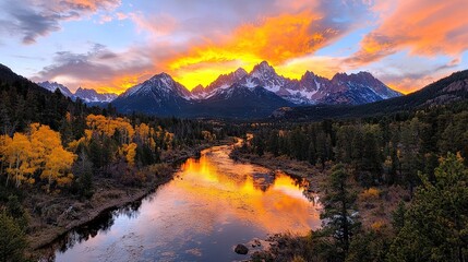  A river runs through a green forest beneath a vibrant sky, with mountains visible at sunset
